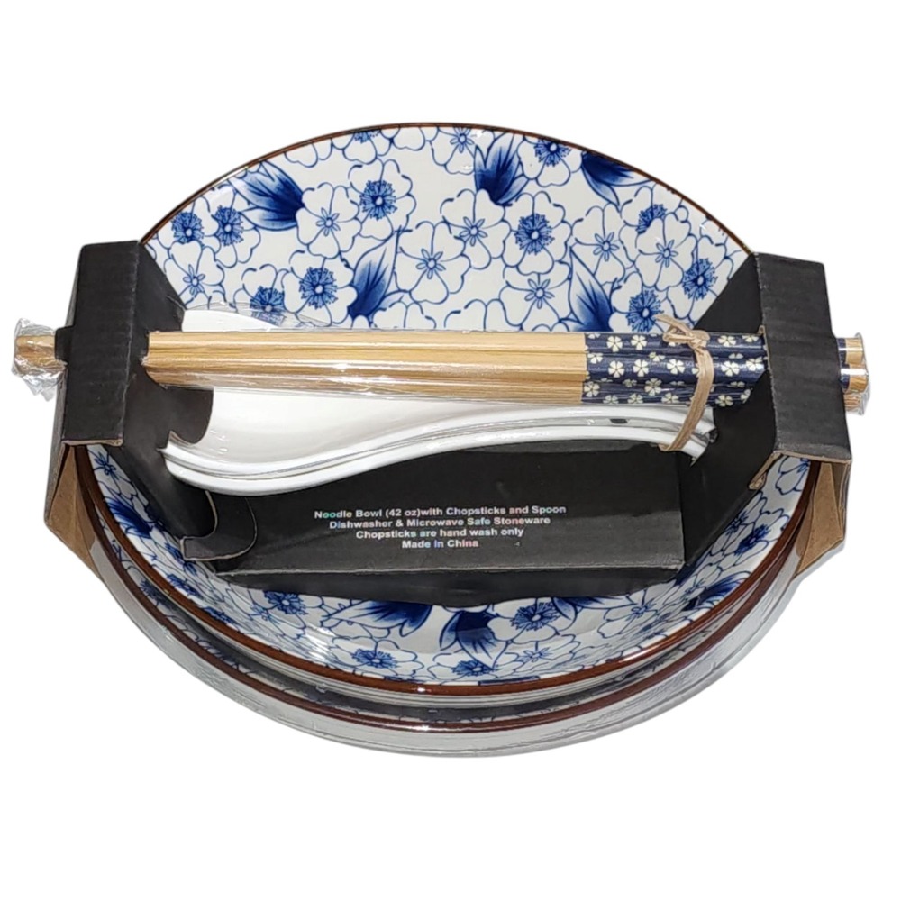 SH Home Blue Floral Ceramic Ramen Noodle Bowl Set of 2 With Chopsticks And Spoon